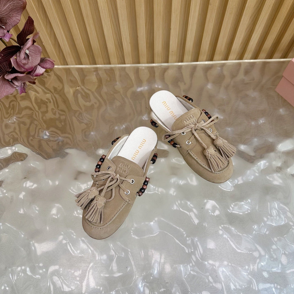 Miu Laces Eyelet Flat Half Slipper Beige Suede 498161