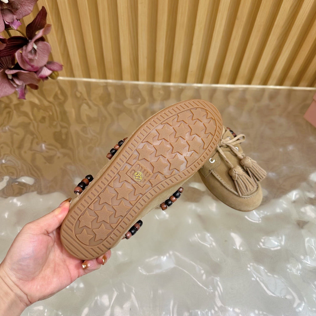 Miu Laces Eyelet Flat Half Slipper Beige Suede 498161