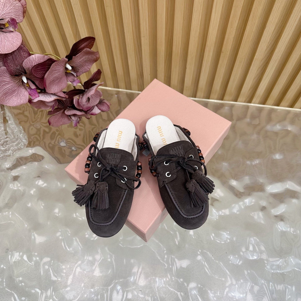 Miu Laces Eyelet Flat Half Slipper Deep Reddish Brown Sheepskin  498165