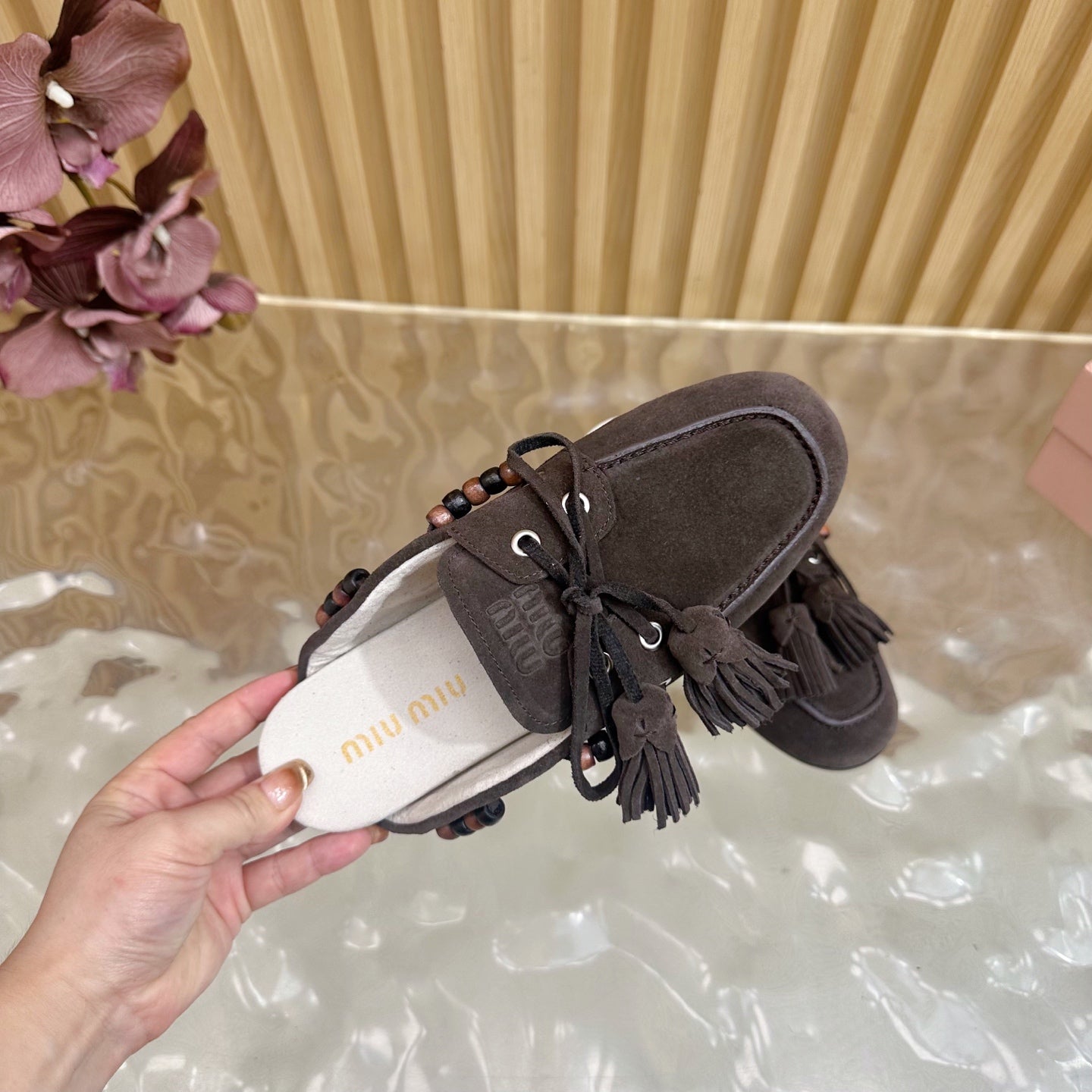 Miu Laces Eyelet Flat Half Slipper Deep Reddish Brown Sheepskin  498165