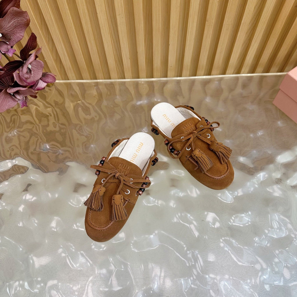 Miu Laces Eyelet Flat Half Slipper Dark Brown Suede 498163