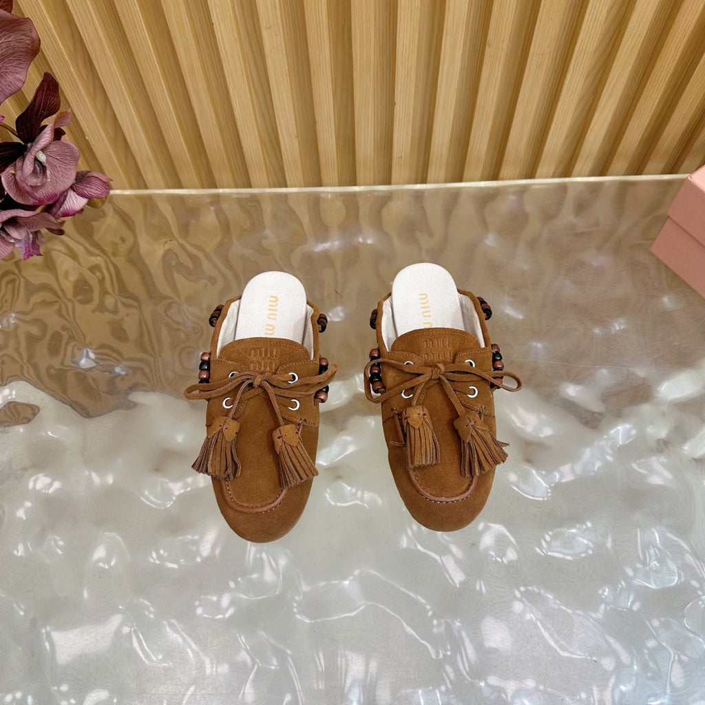 Miu Laces Eyelet Flat Half Slipper Dark Brown Suede 498163