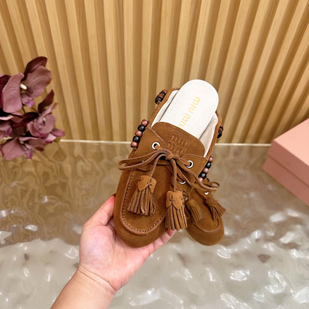 Miu Laces Eyelet Flat Half Slipper Dark Brown Suede 498163