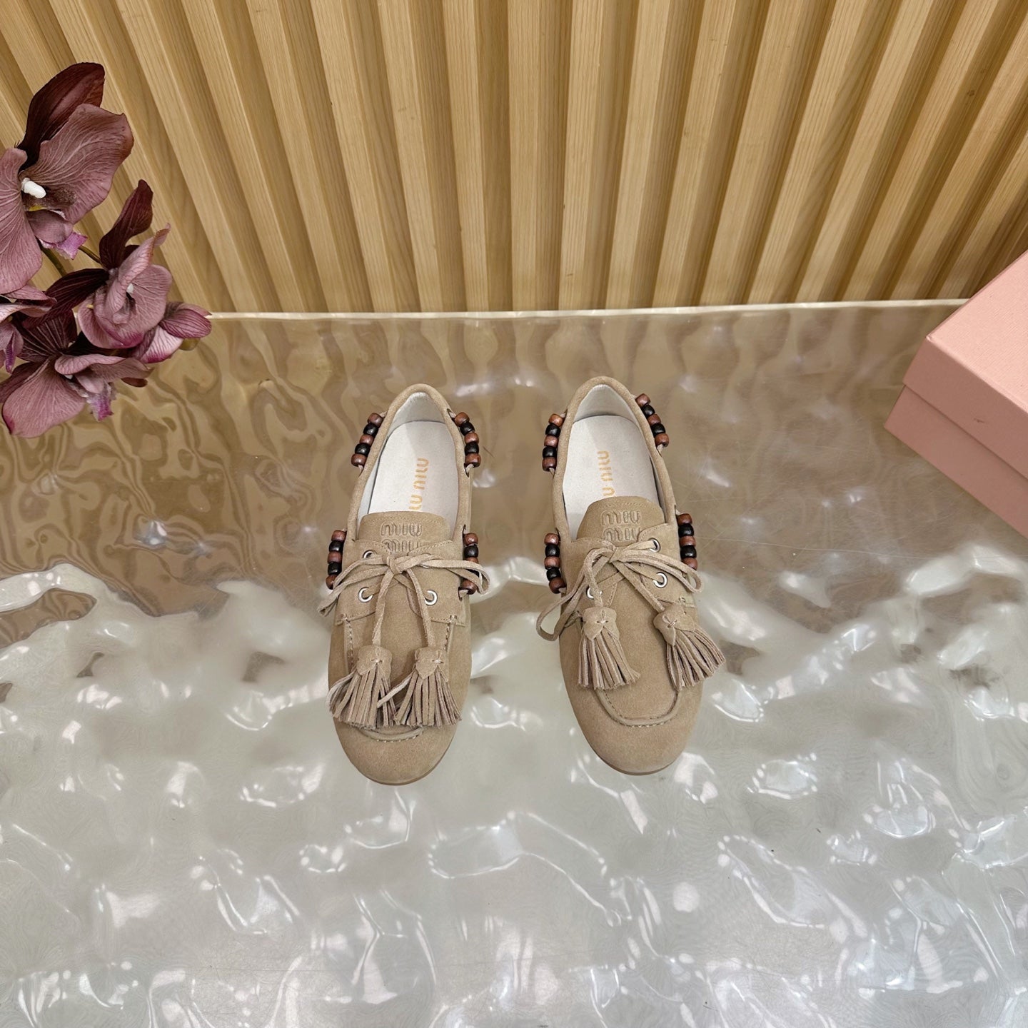 Miu Laces Eyelet Flat Loafer Beige Suede 498166