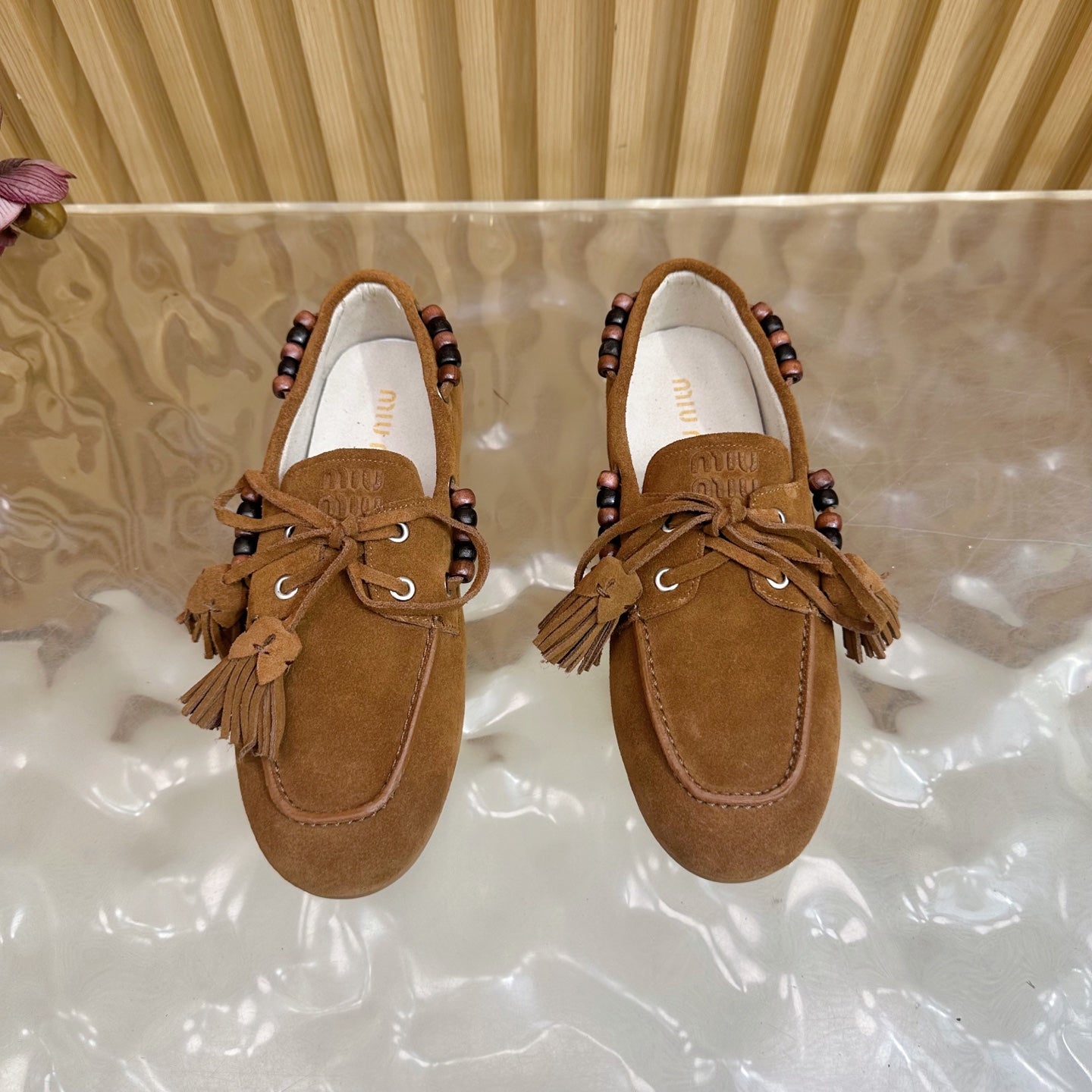 Miu Laces Eyelet Flat Loafer Deep Brown Suede 498167
