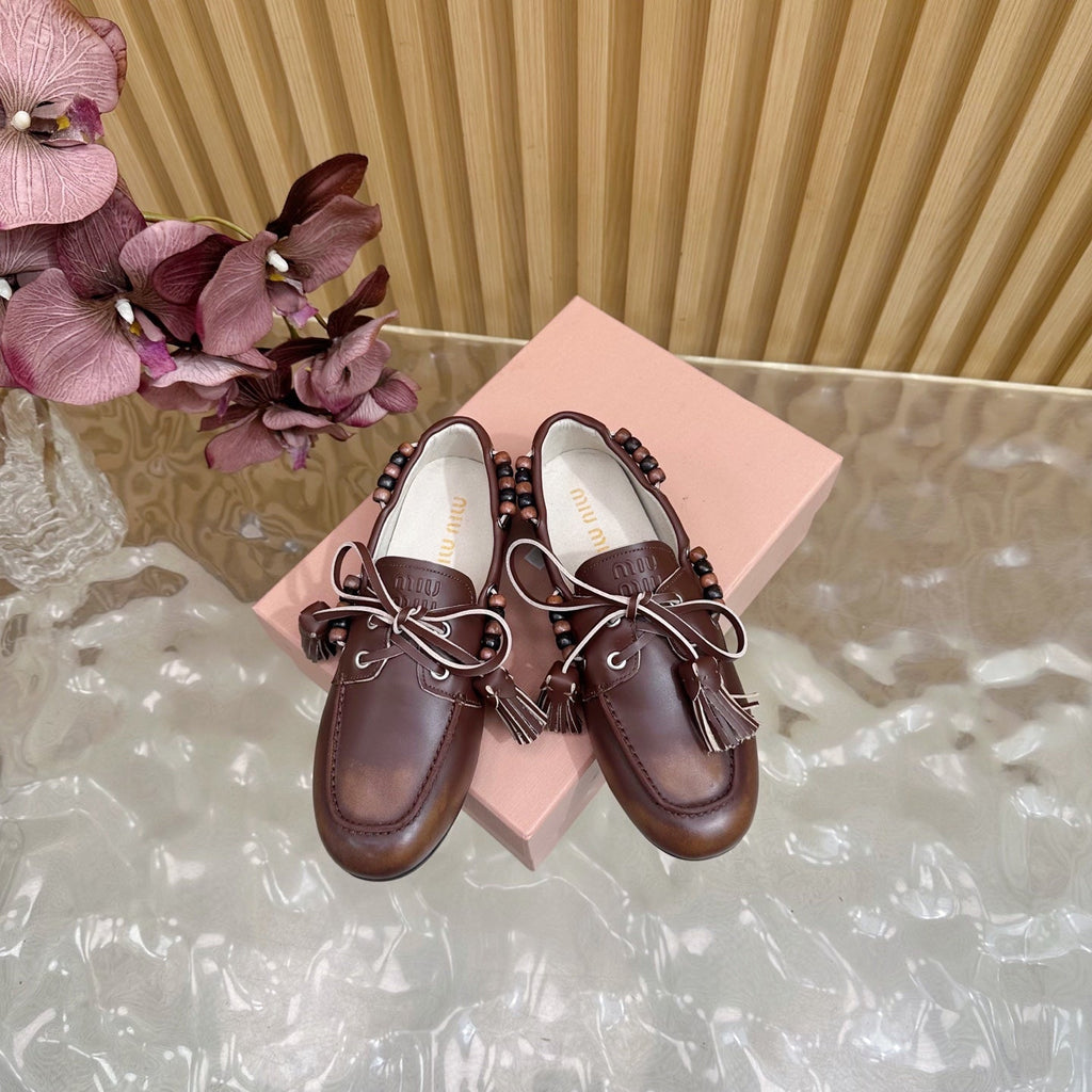 Miu Laces Eyelet Flat Loafer Deep Reddish Brown Sheepskin  498169