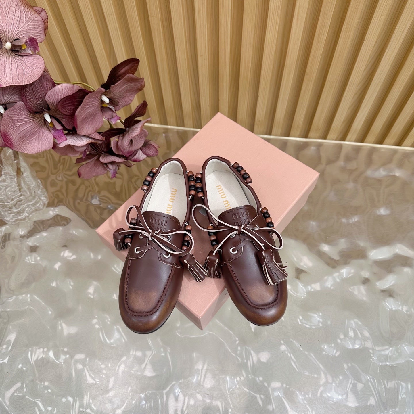 Miu Laces Eyelet Flat Loafer Deep Reddish Brown Sheepskin  498169