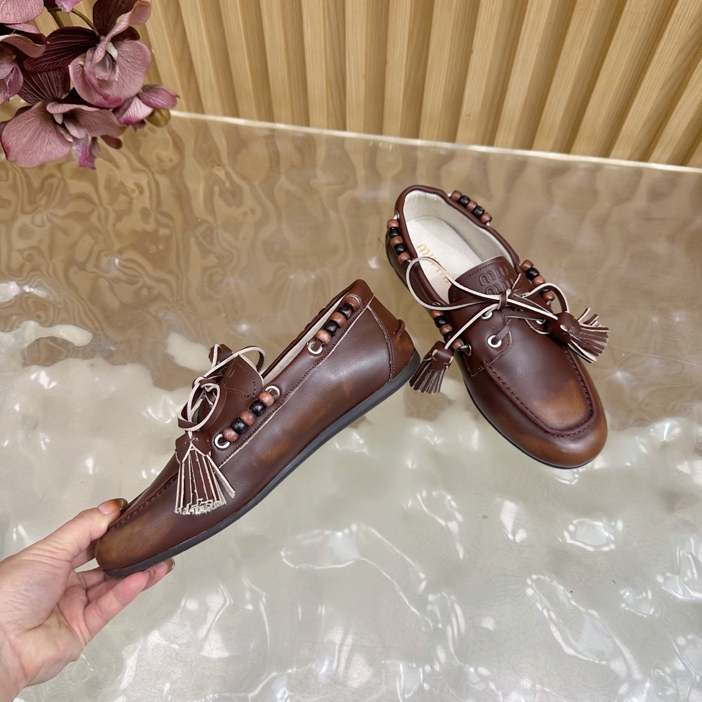 Miu Laces Eyelet Flat Loafer Deep Reddish Brown Sheepskin  498169
