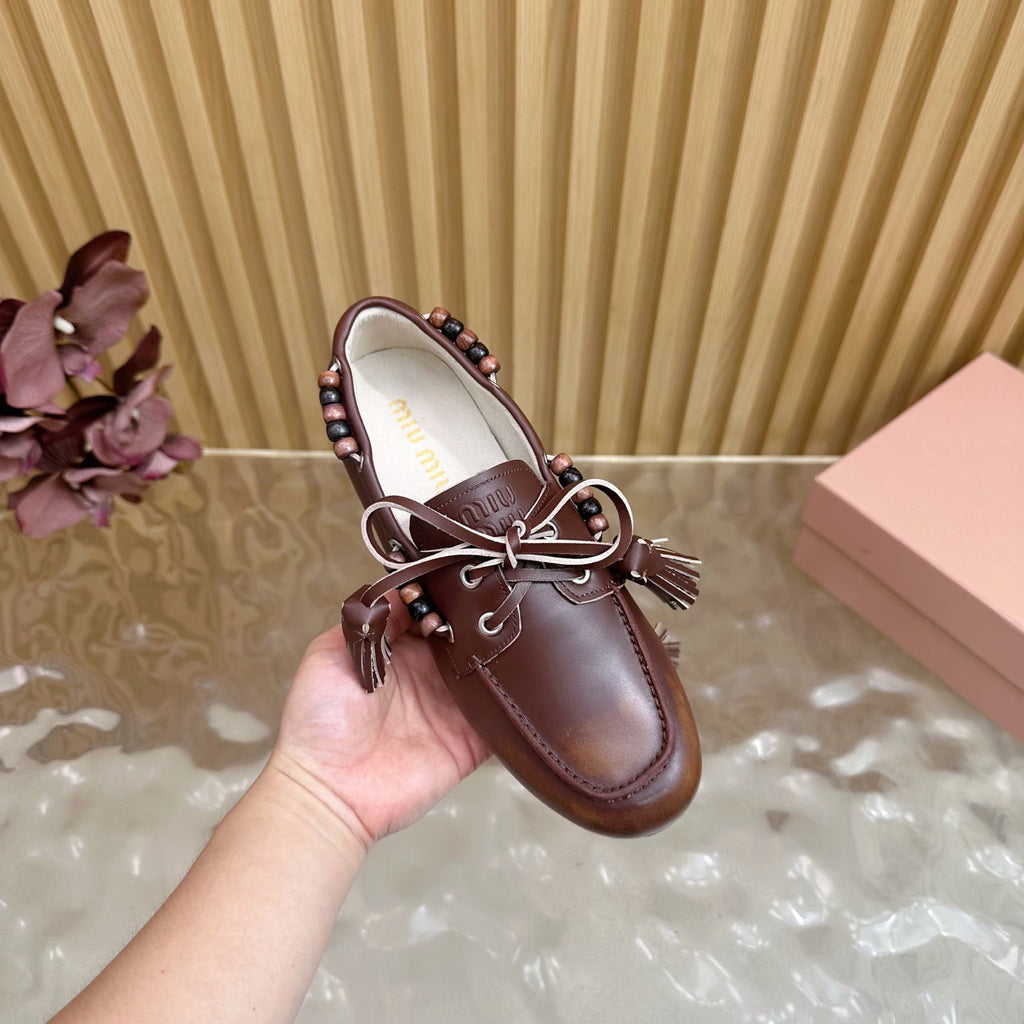 Miu Laces Eyelet Flat Loafer Deep Reddish Brown Sheepskin  498169