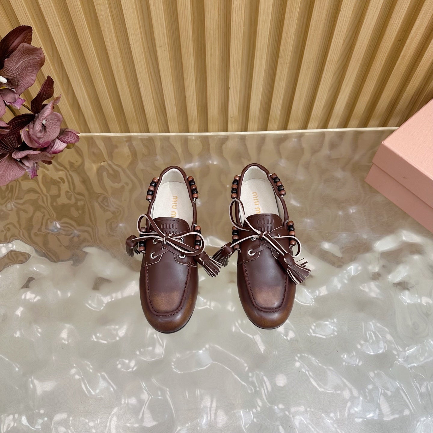 Miu Laces Eyelet Flat Loafer Deep Reddish Brown Sheepskin  498169