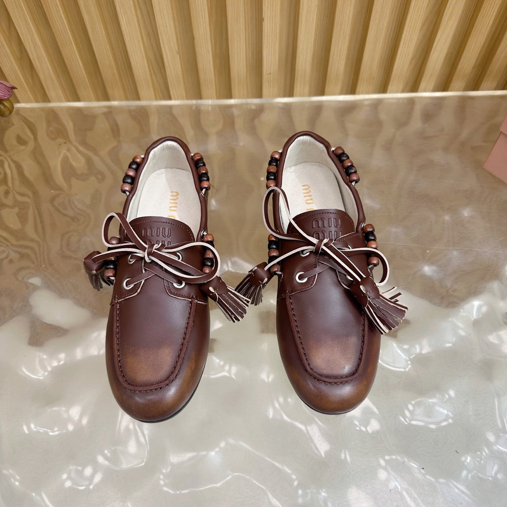 Miu Laces Eyelet Flat Loafer Deep Reddish Brown Sheepskin  498169