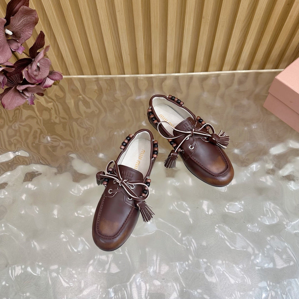 Miu Laces Eyelet Flat Loafer Deep Reddish Brown Sheepskin  498169
