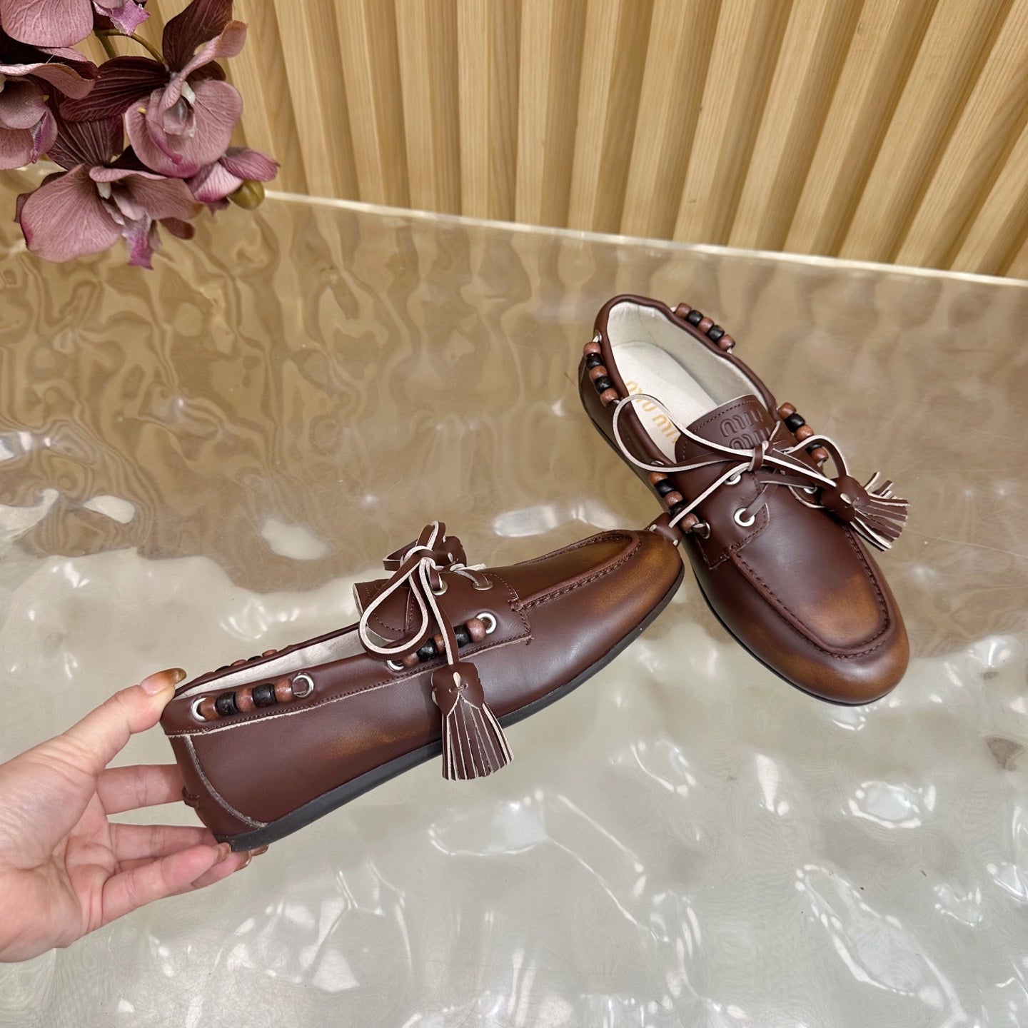 Miu Laces Eyelet Flat Loafer Deep Reddish Brown Sheepskin  498169
