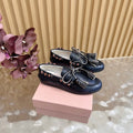 Miu Laces Eyelet Flat Loafer Black Sheepskin  498170