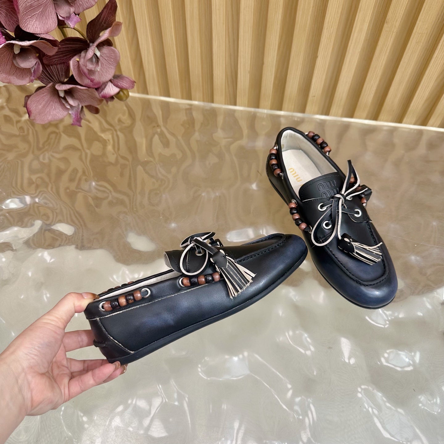 Miu Laces Eyelet Flat Loafer Black Sheepskin  498170