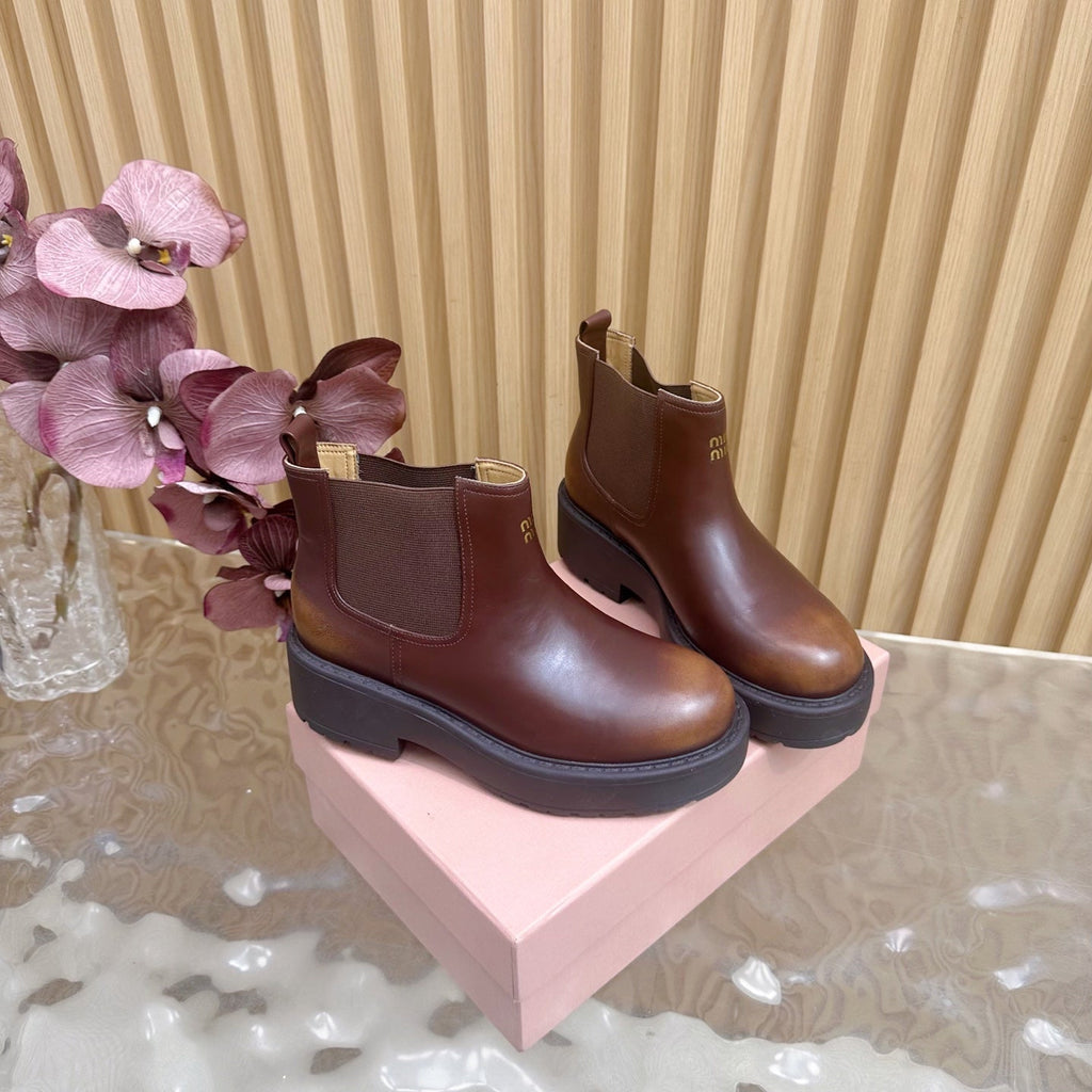 Miu Platform Chelsea Boots Deep Reddish Brown Leather 498176