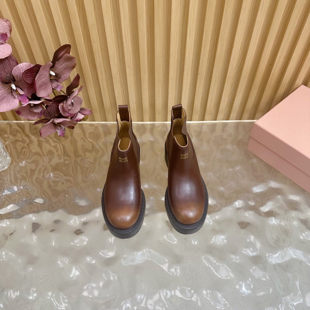 Miu Platform Chelsea Boots Deep Reddish Brown Leather 498176
