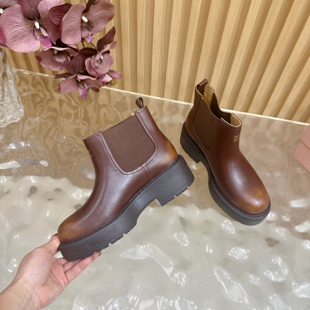 Miu Platform Chelsea Boots Deep Reddish Brown Leather 498176