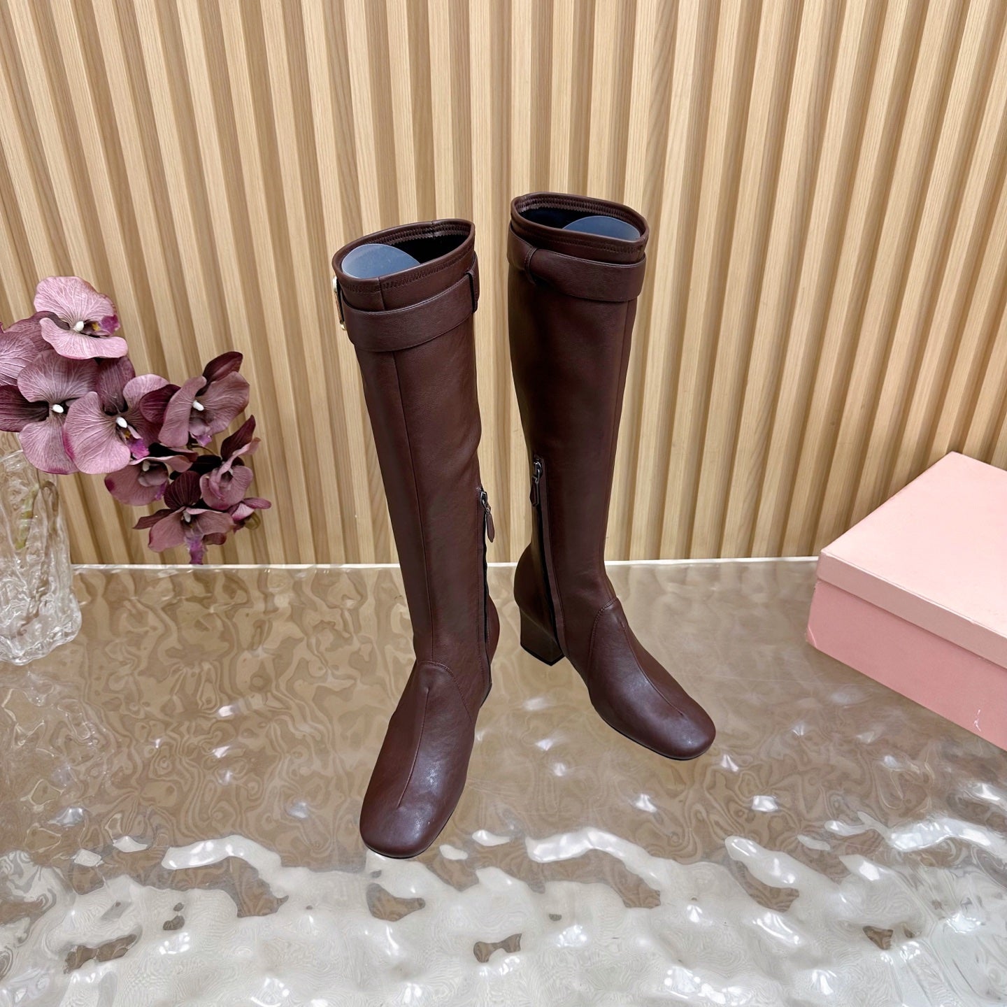 Miu Boots With Buckle Deep Reddish Brown Nappa Leather  498181