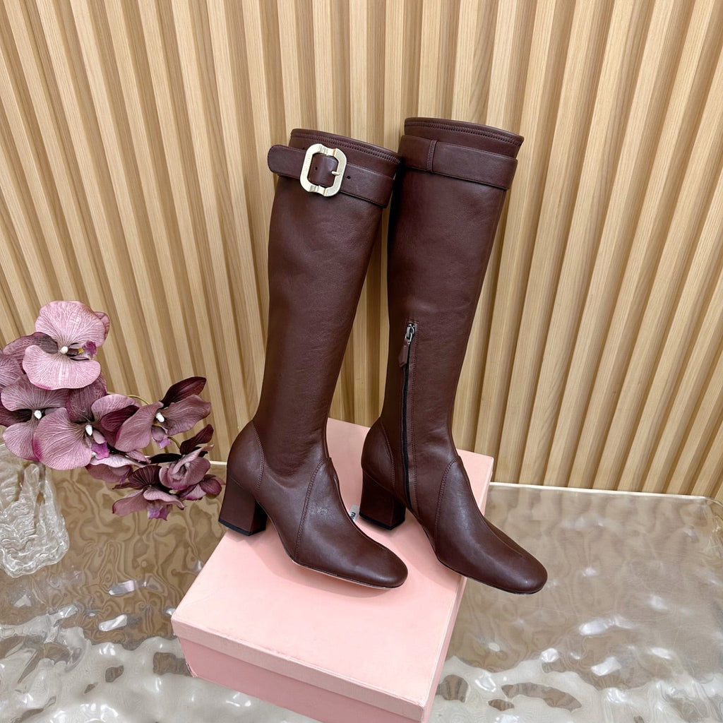 Miu Boots With Buckle Deep Reddish Brown Nappa Leather  498181