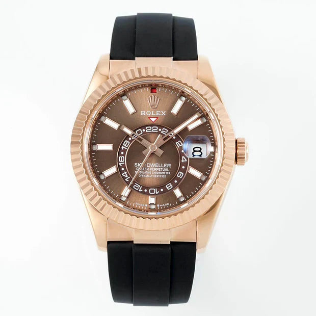 Rolex Sky-Dweller 42mm Rose Gold Case Brown Dial Rubber Strap