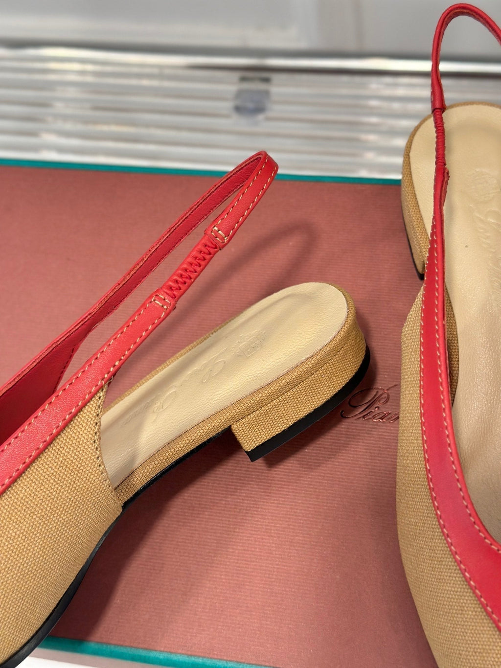 LP Rebecca Slingbacks In Mustard Brown Mix Red Cotton Fabric And Lambskin 989414
