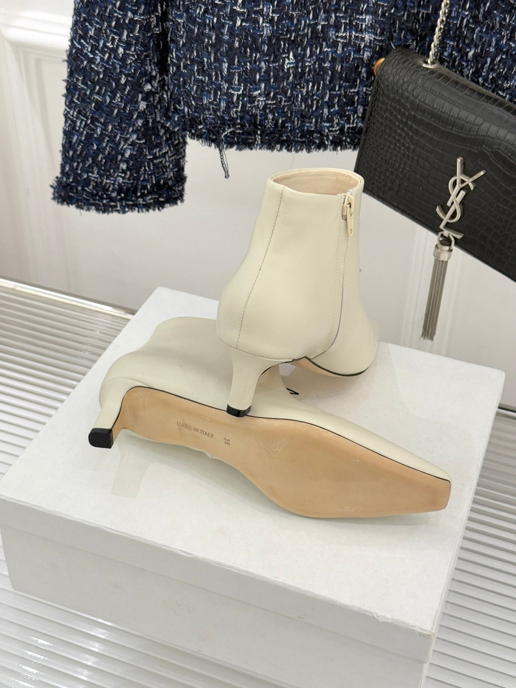 The Row 2025 Square Toe Kitten Heel Ankle Boot Cream Sheepskin 572053