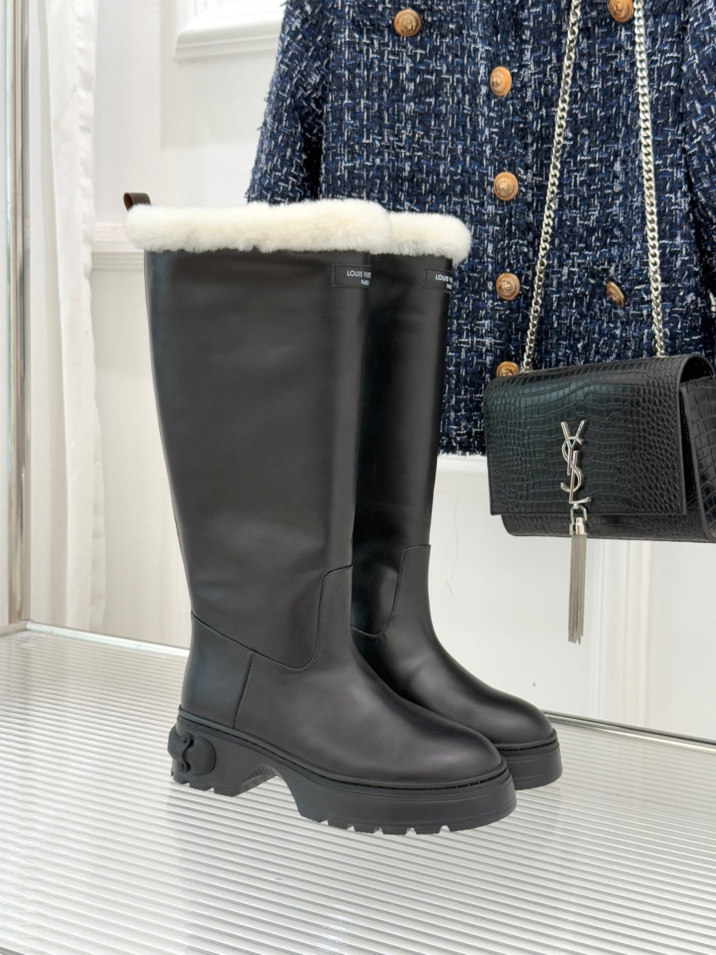 LV Squad High Boot Black Cowhide White Shearing 572463