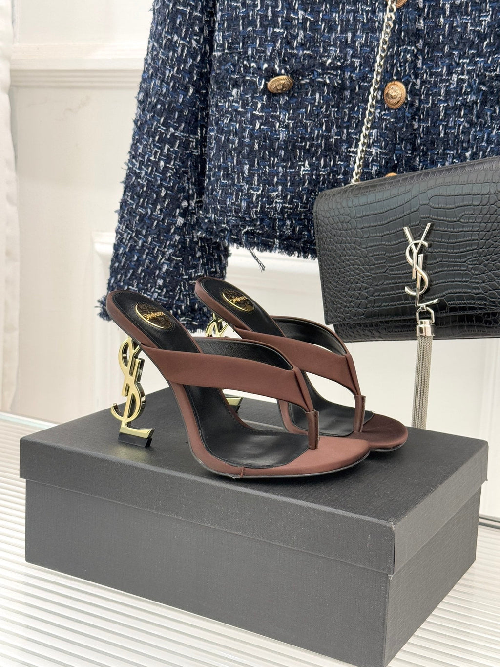 YSL Opyum Mule Sandals 8.5cm Dark Brown Satin Leather 642924