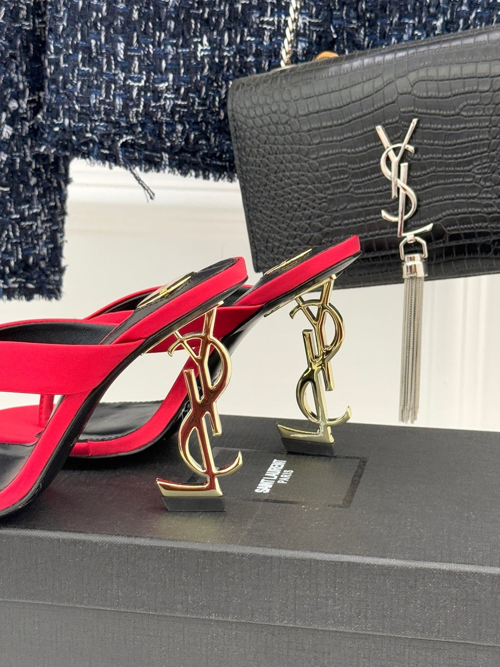 YSL Opyum Mule Sandals 8.5cm Red Satin Leather 642927
