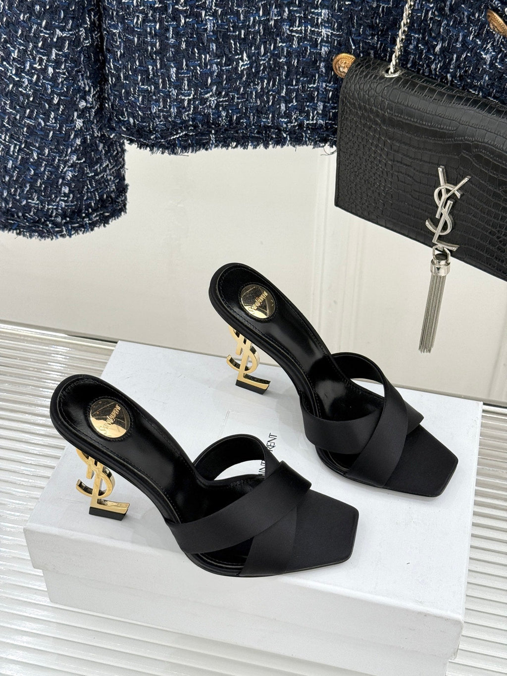 YSL Opyum Sandal 85 Black Silk Leather 642942
