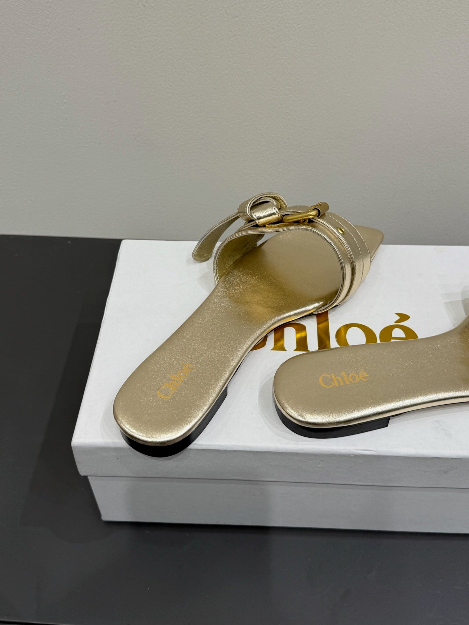 Loewe 25 Bow Metal Buckle Slide Gold Cowhide