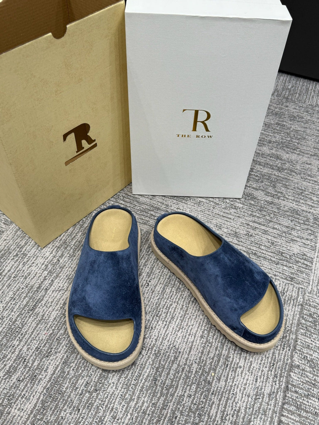 The Row Slide Sandals Navy  Cow Suede 337474