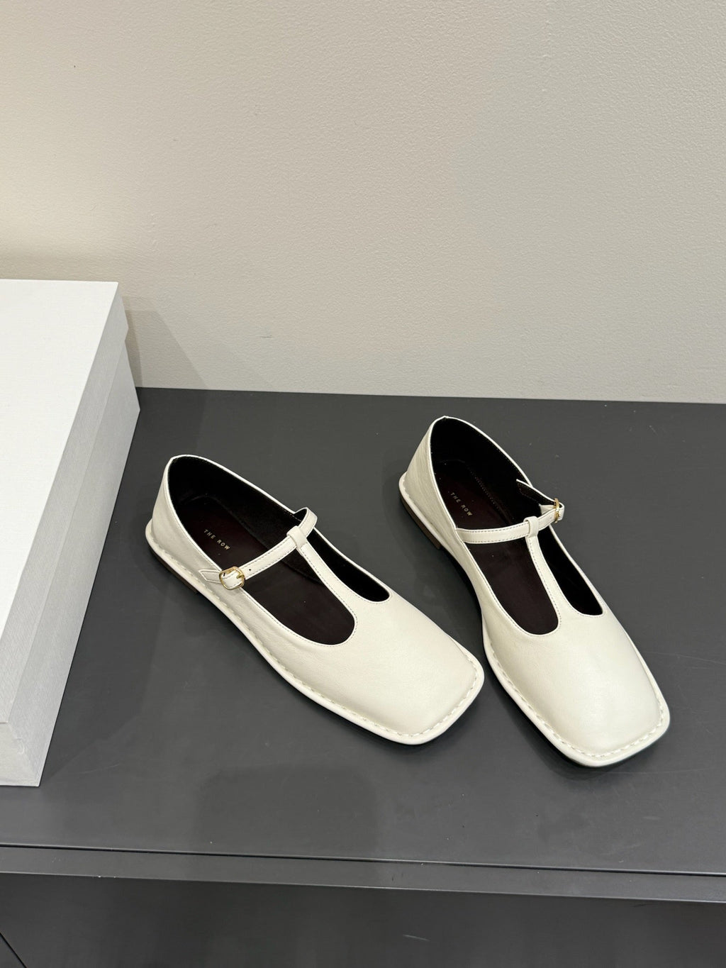 The Row Square T-Strap  Flat White Sheepskin 337498