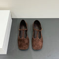 The Row Square T-Strap  Flat Dark Brown Suede 337499