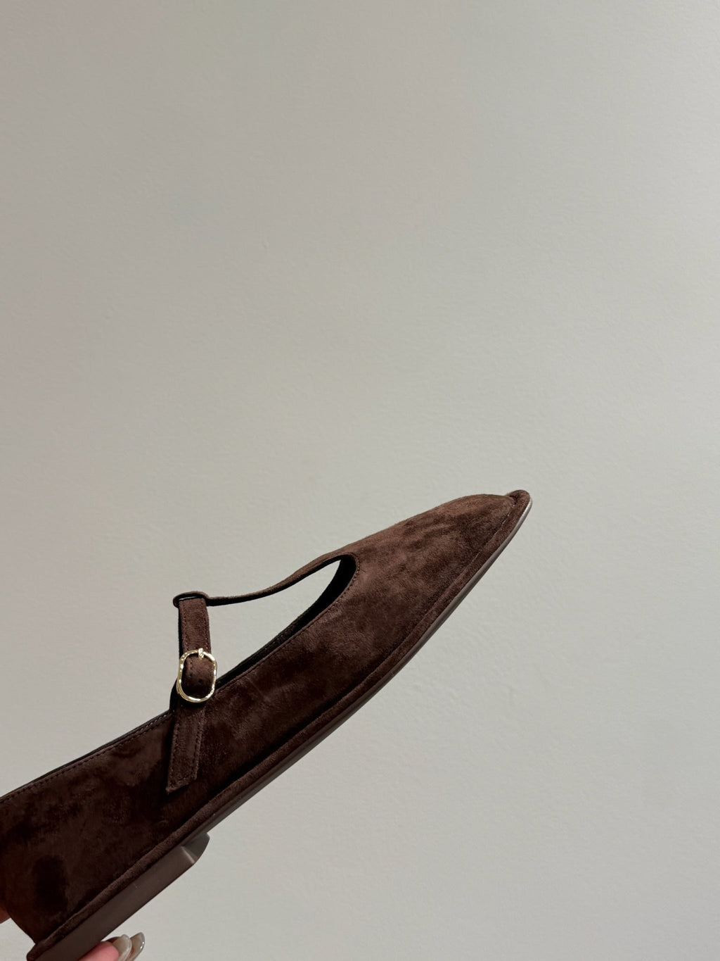 The Row Square T-Strap  Flat Dark Brown Suede 337499