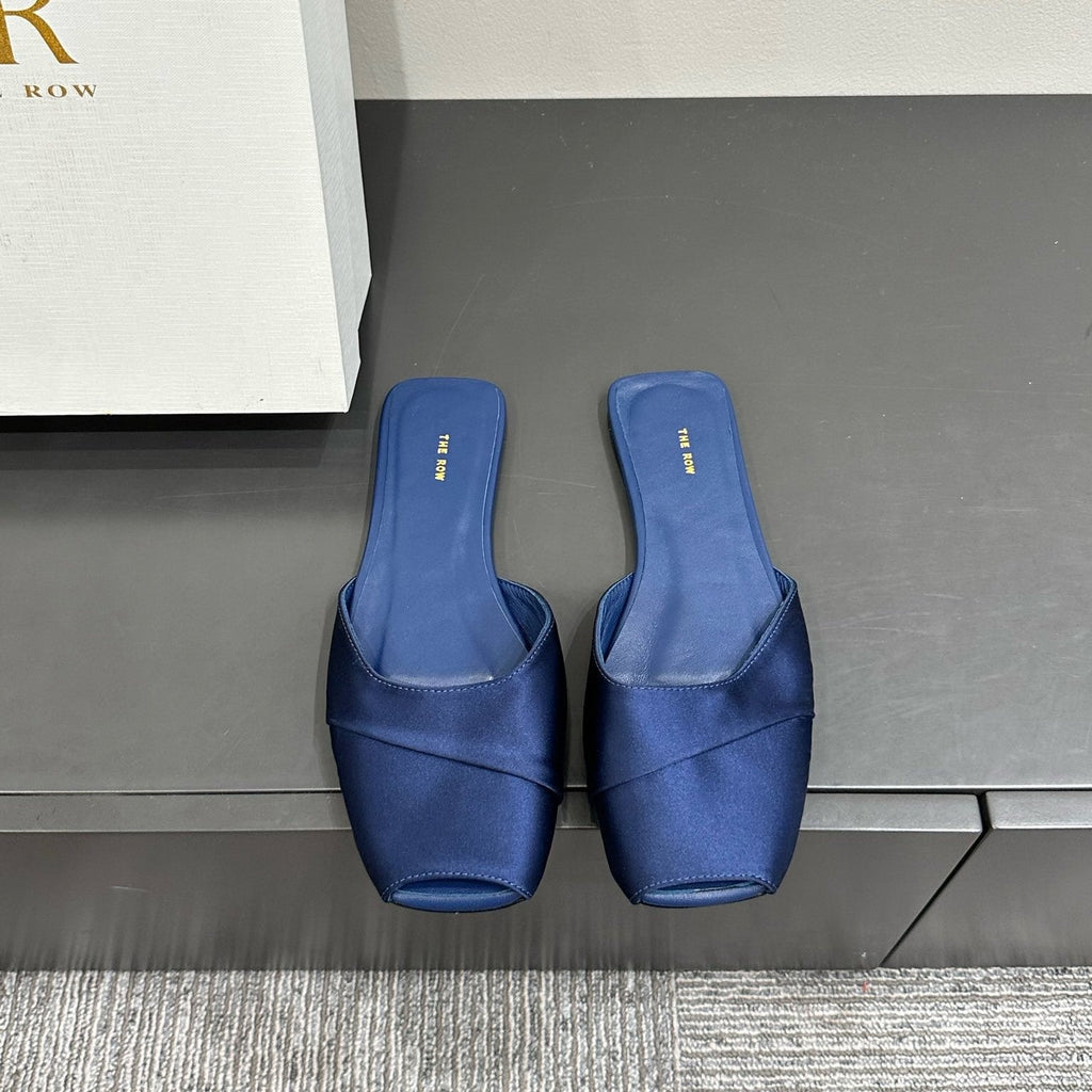 The Row Mule Sandal Navy Blue Satin And Sheepskin Lining 337504