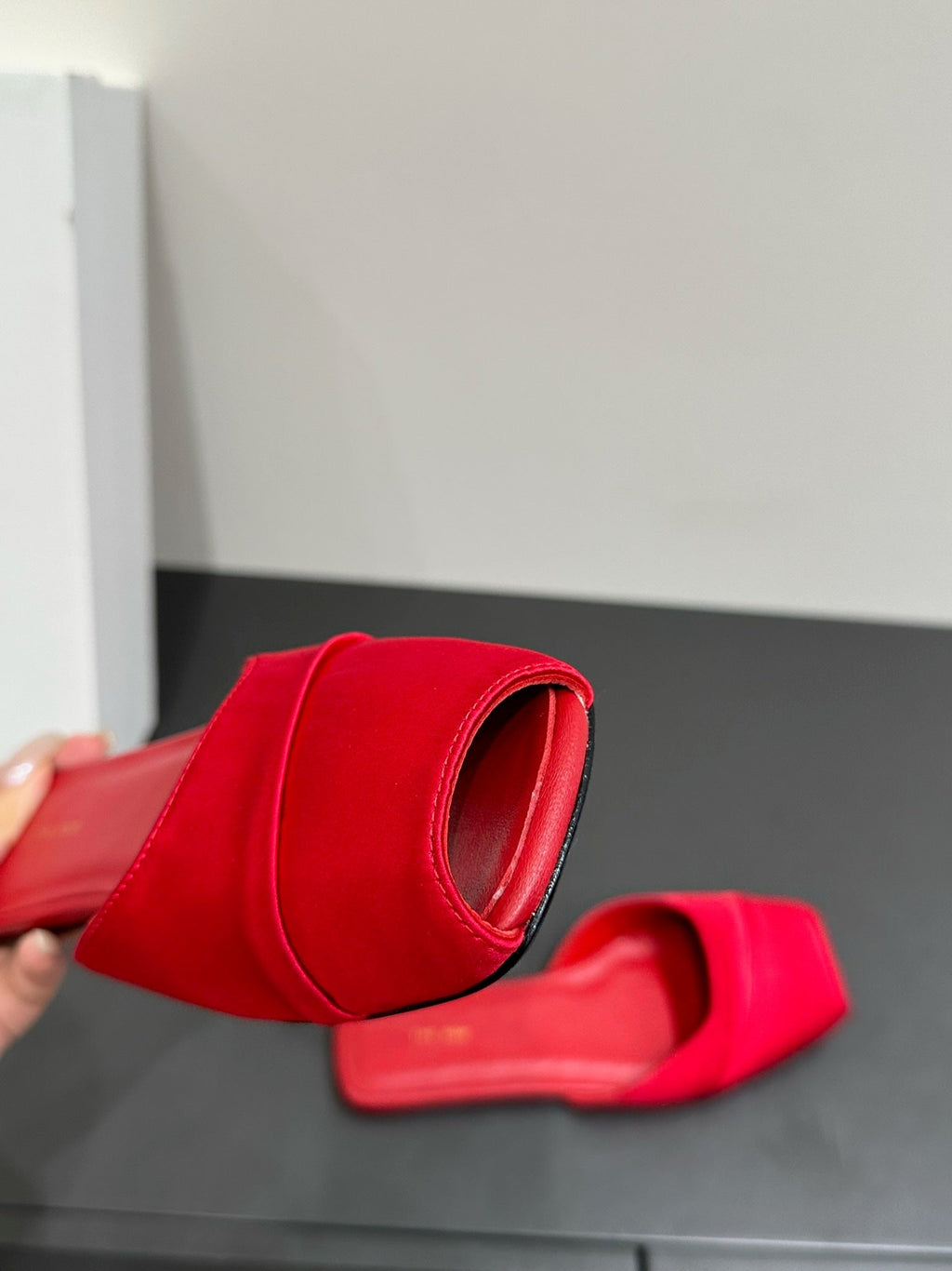 The Row Mule Sandal Red Satin And Sheepskin Lining 337506