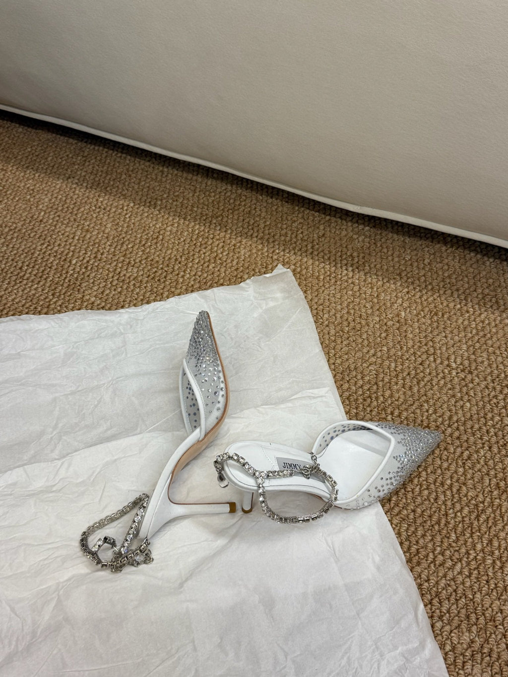 Jimmy Crystal-embellished Saeda Pumps 100mm White Mesh Drill 420170