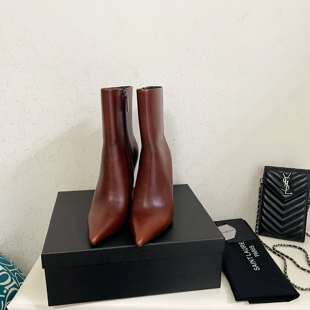 YSL 2025 Logo Metal Heel Ankle Boot Brown Cowhide 575004