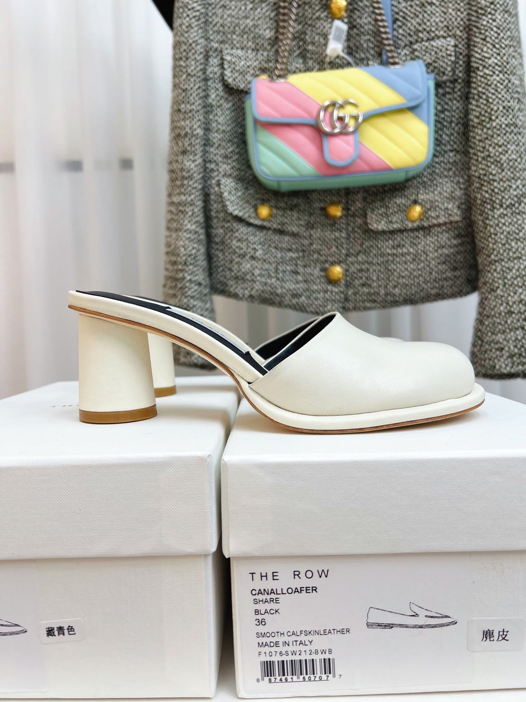 The Row  Mules 50mm White Black Sheepskin 324740