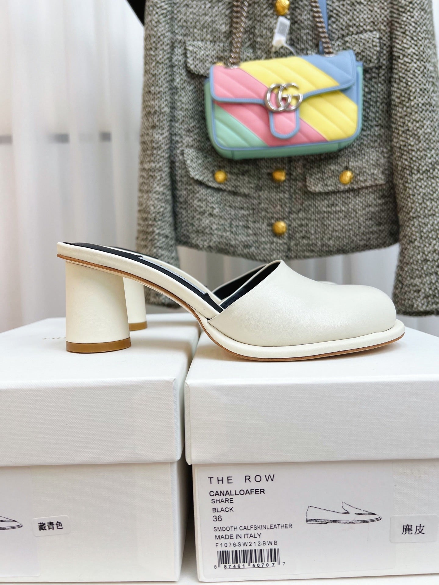 The Row  Mules 50mm White Black Sheepskin 324740