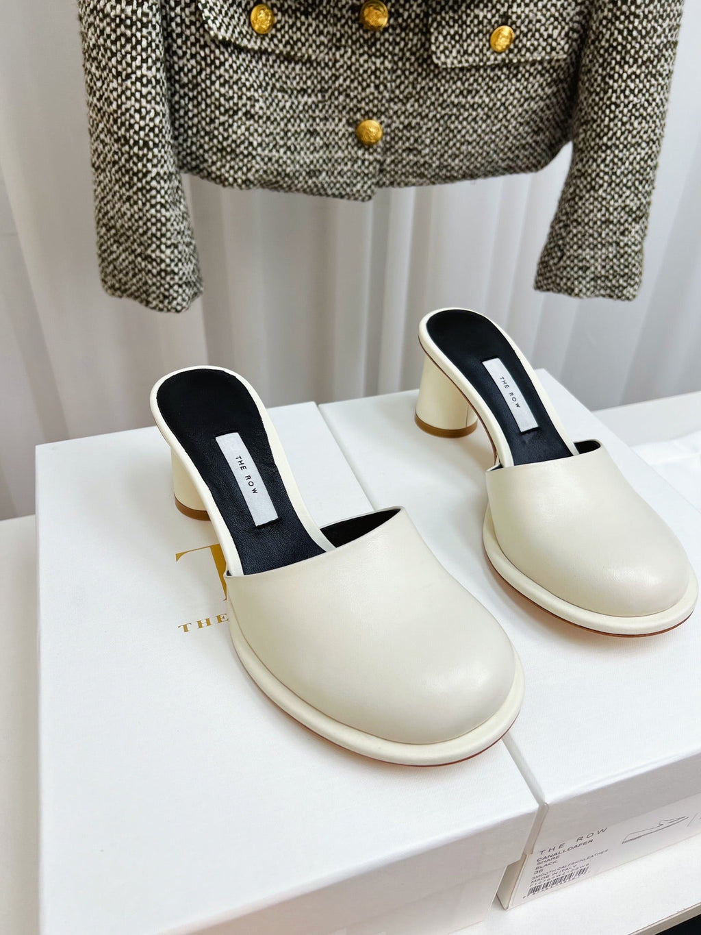The Row  Mules 50mm White Black Sheepskin 324740