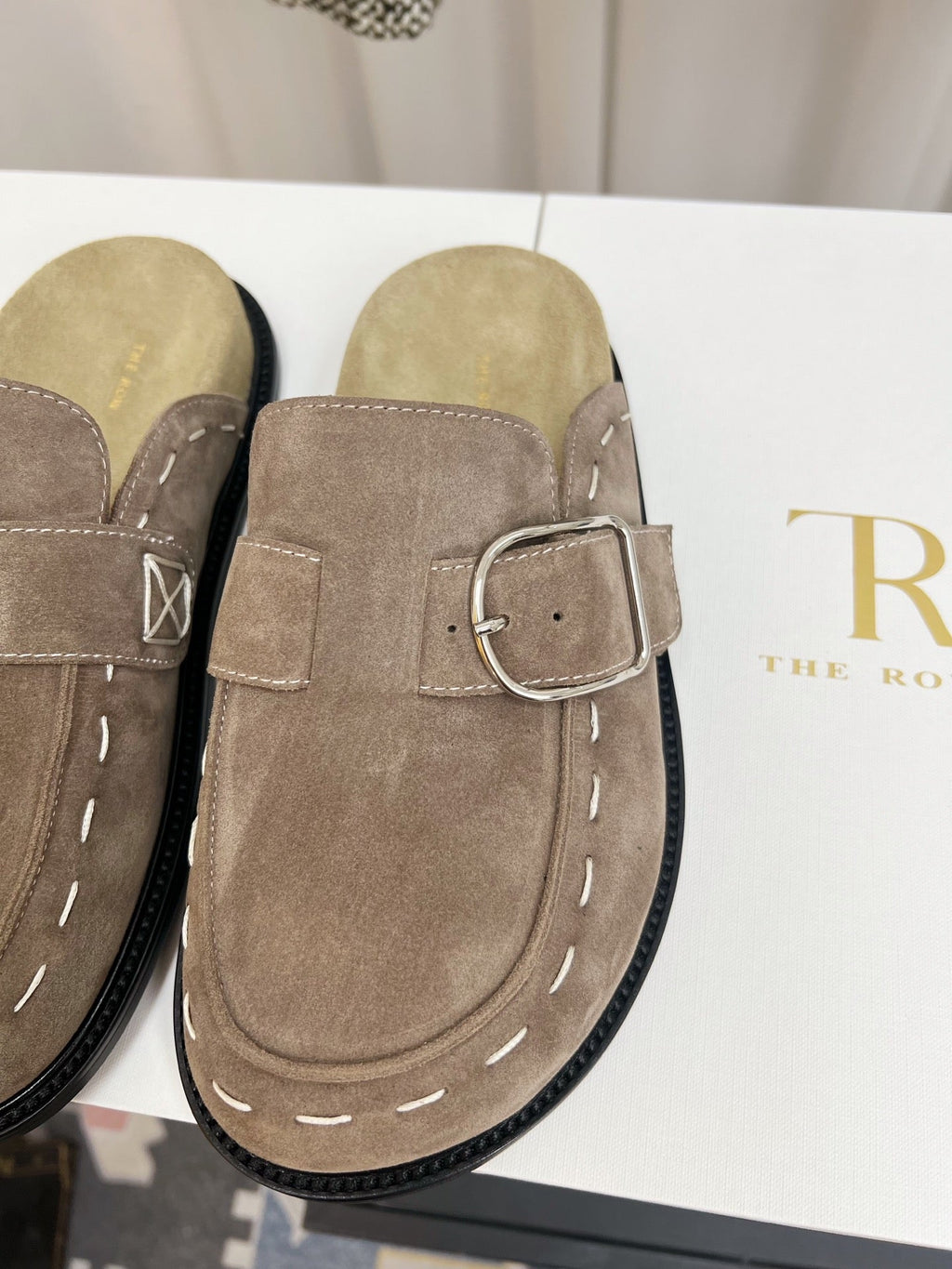 The Row 26 Birkenstock Slippers Taupe Suede 832677