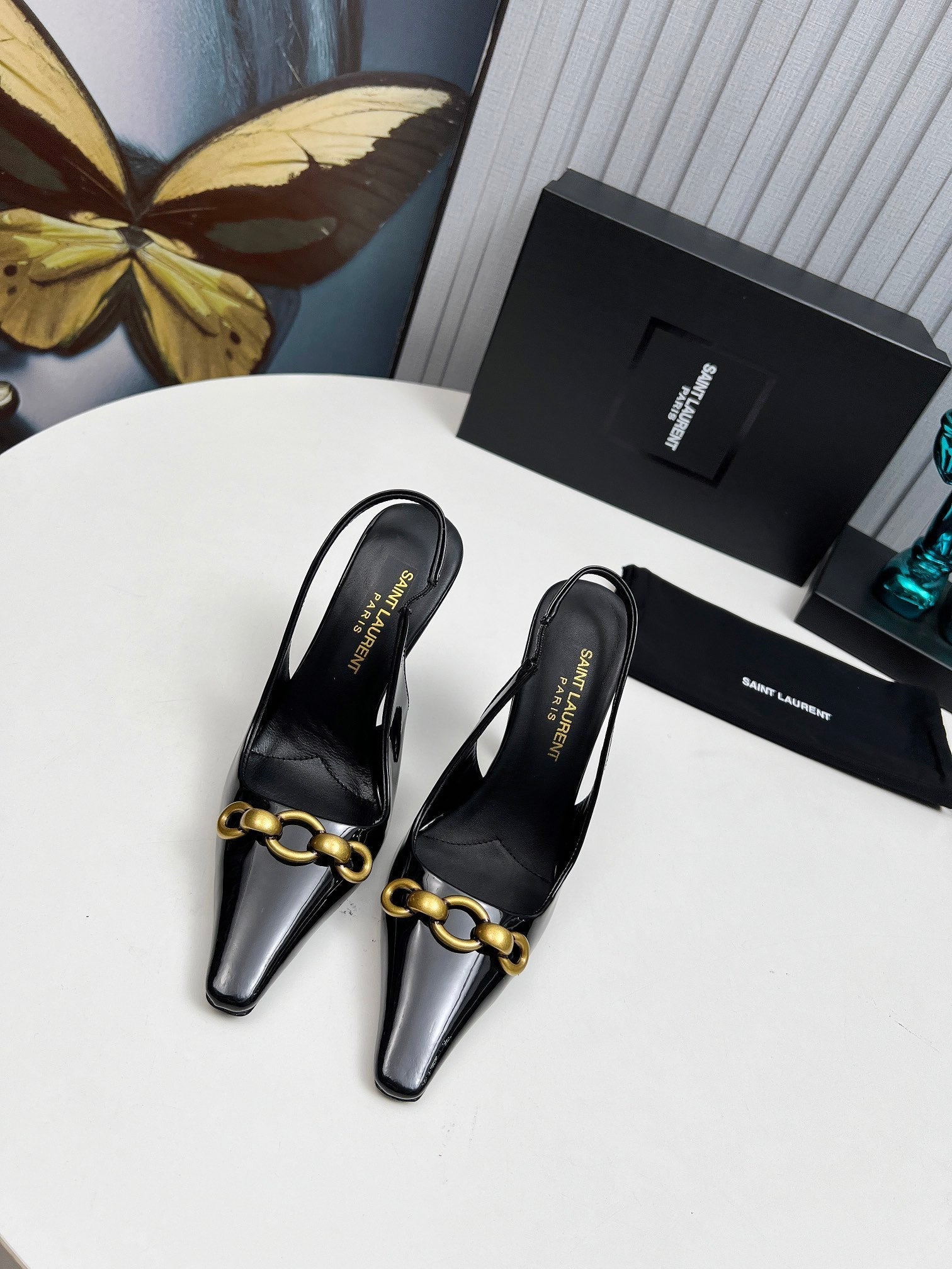 YSL Hermione Slingback 11cm Black Patent Leather 680406