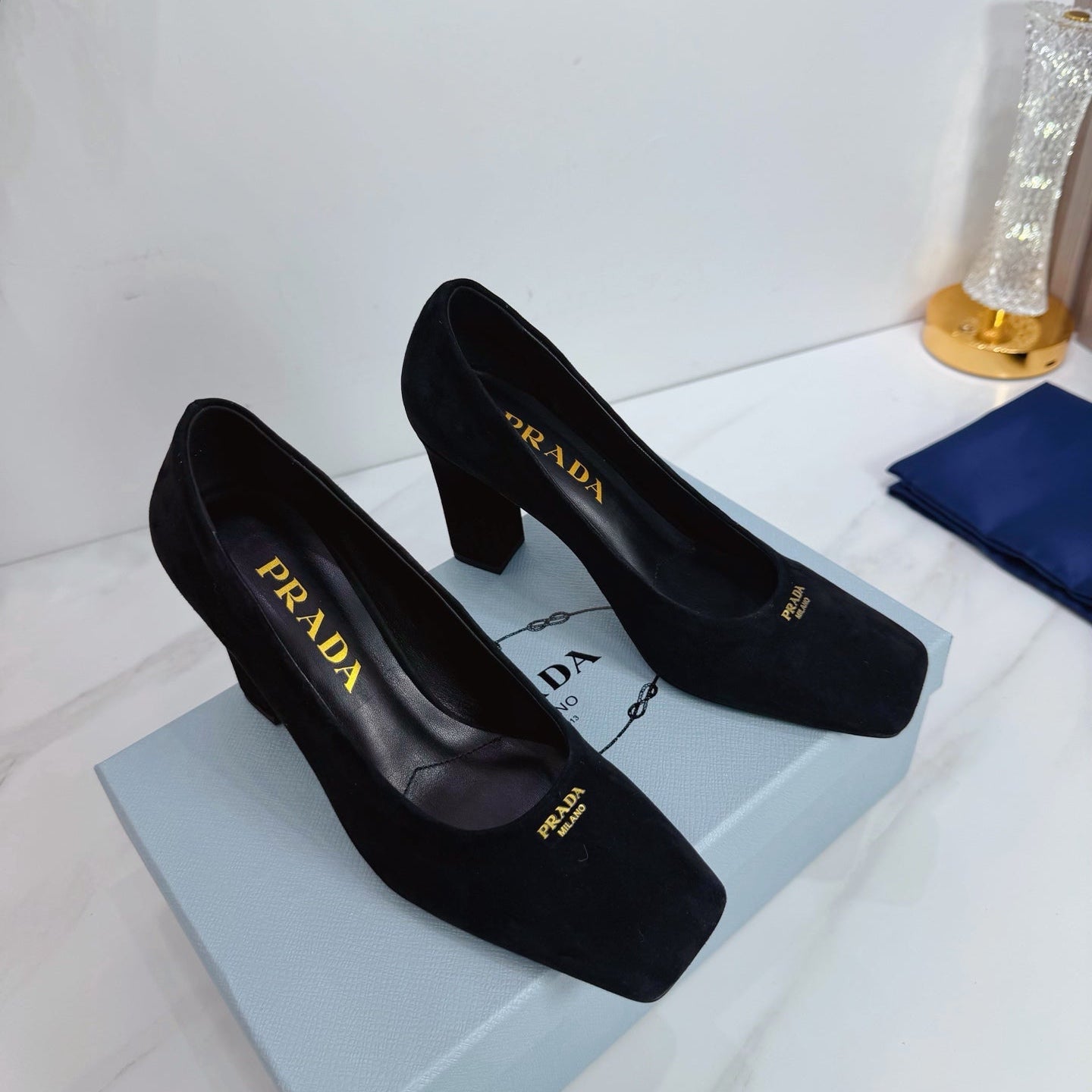 PRA 26SS Square-toe Block Heels 85 Black Suede 592360