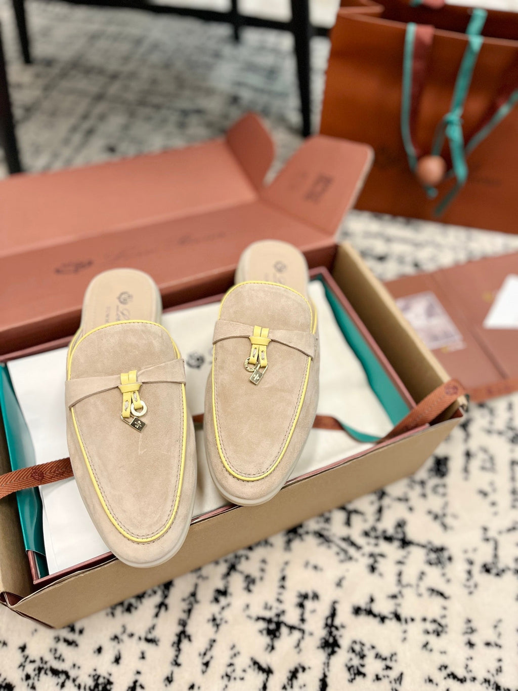 Loro Piana Beige Yellow Suede Charms Walk Flat Mules