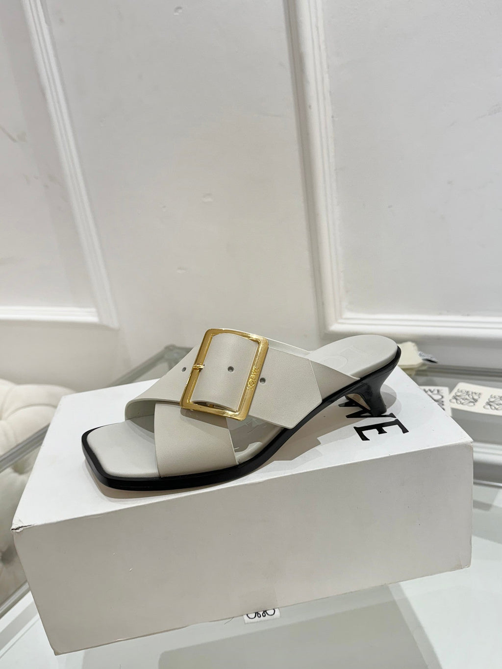 Loewe Petal Buckle Sandals Light Grey Leather 881321