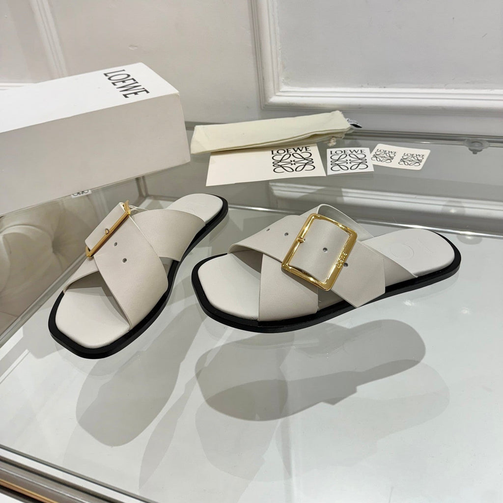Loewe Petal Buckle Slide Light Grey Leather 881317