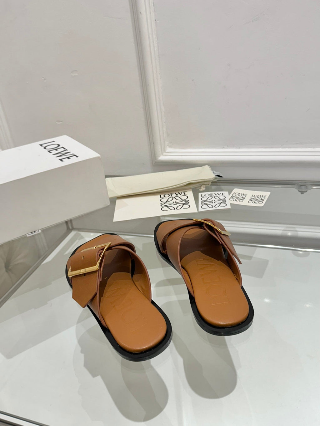 Loewe Petal Buckle Slide Tan Brown Leather 881319